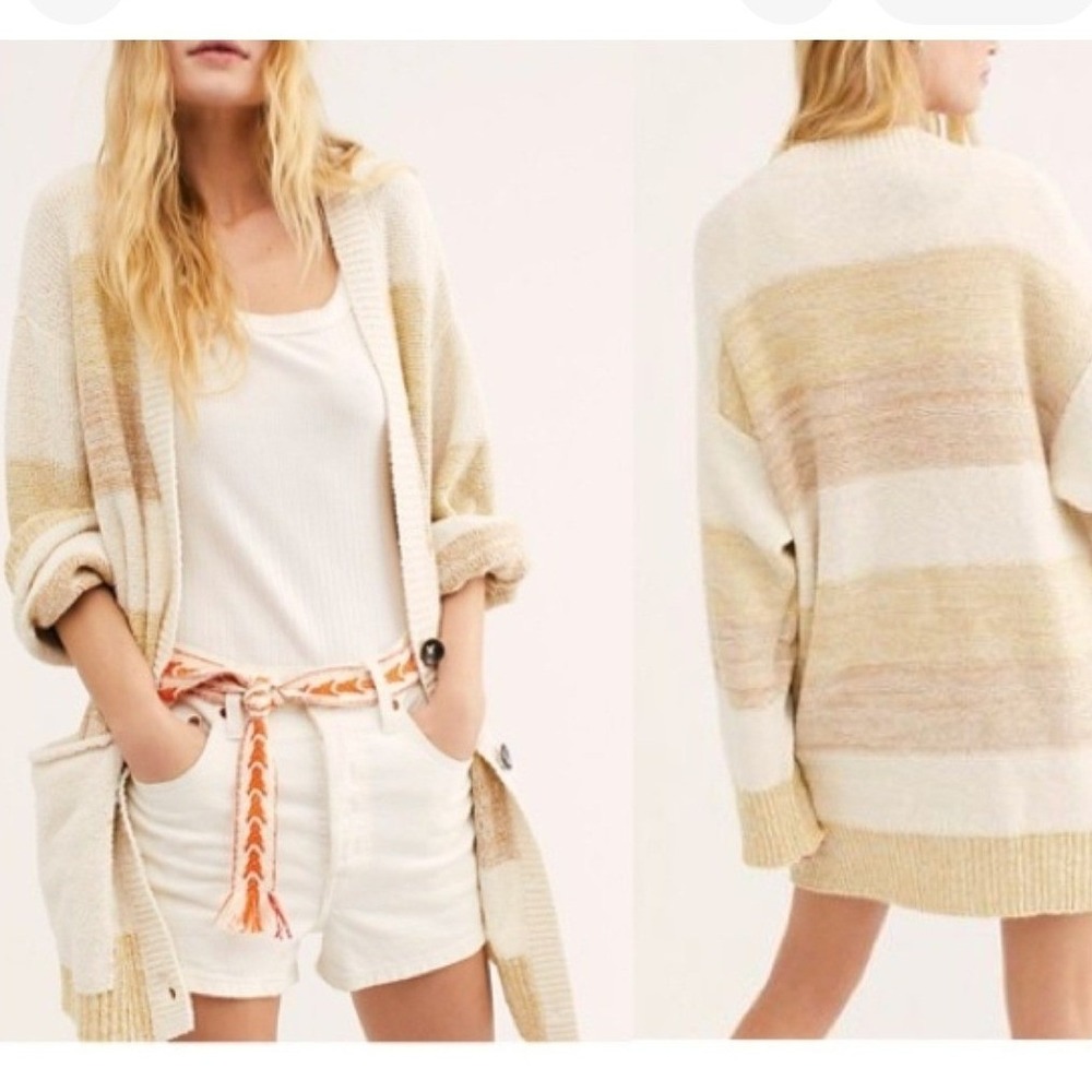 Free People Southport Beach Cardigan Striped Oversized! Sweater Neutral Bohemian